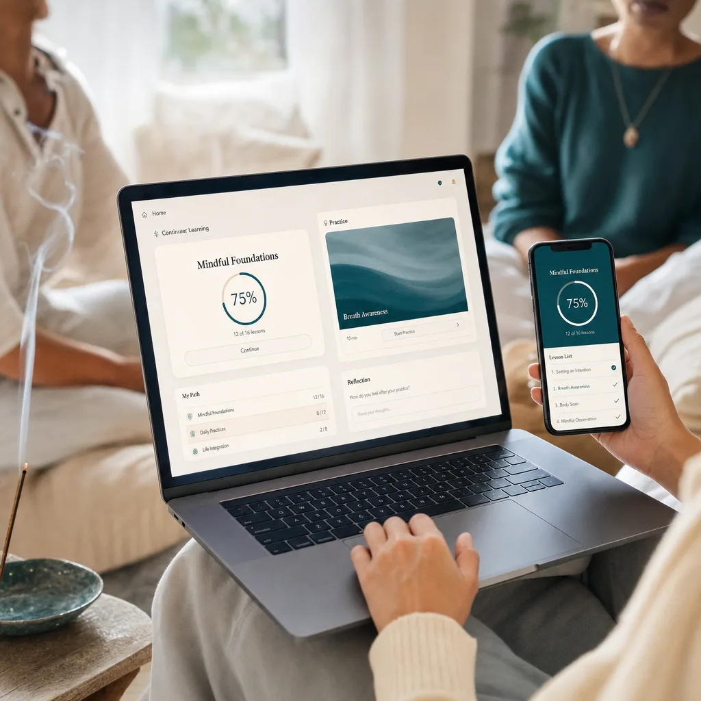 Inside the program: course dashboard with modules, lessons and reference guides